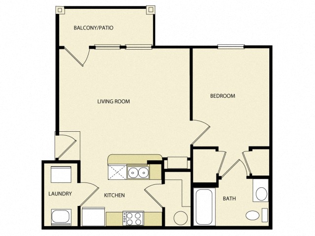 Floor plan for 1 bed, 1 bath, 631 sqft